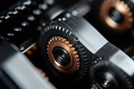 Intricate gears and mechanisms of a camera lens showing precision engineering and technologyの素材