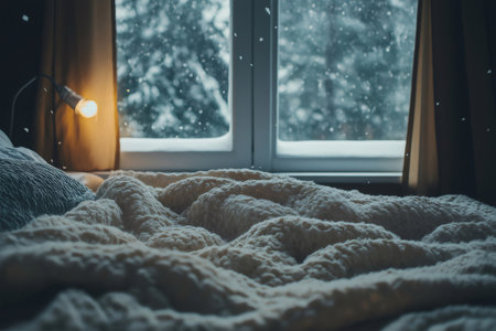 Warm and cozy bed with a chunky knit blanket and snow falling outside the window, creating a peaceful and inviting winter sceneの素材