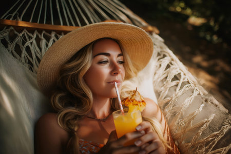Young woman with sun hat lying on hammock sipping a tropical cocktail with pineapple slice, enjoying summer vacationの素材