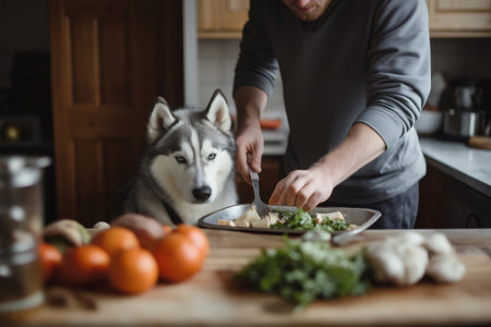 Man preparing healthy meal with vegetables for his Siberian Husky dog standing next to him in domestic kitchenの素材