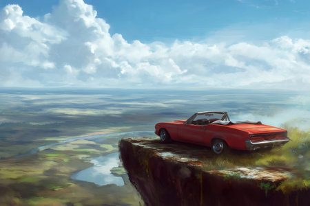 Red convertible parked on a cliff enjoying a breathtaking view of a vast landscape under a cloudy skyの素材