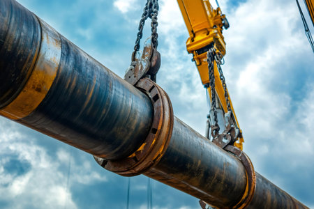 Pipeline being lifted by crane against a backdrop of a cloudy sky during ongoing construction, highlighting heavy industry and engineering effortsの素材