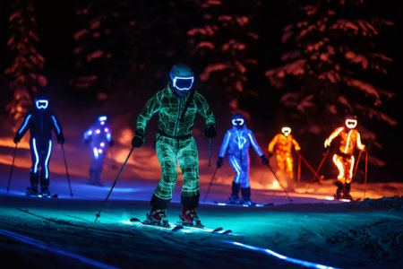 Group of skiers in illuminated ski suits enjoying night skiing, creating a vibrant and dynamic scene on the snowy slopesの素材