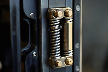 Detailed view of a spring loaded hinge showcasing its intricate mechanism, brass and steel components, and industrial designの素材