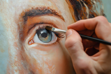 Close up view of a painter's hand meticulously adding final details to the eye of a portrait with a fine brush, showcasing artistic skillの素材