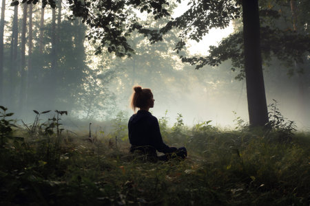 Woman practicing yoga and meditation in a serene forest, embracing the tranquility and calm of nature's beauty during sunriseの素材