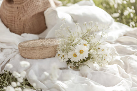Bouquet of daisies and wicker basket resting on a white linen blanket during a picnic in a field, concept of outdoor recreationの素材