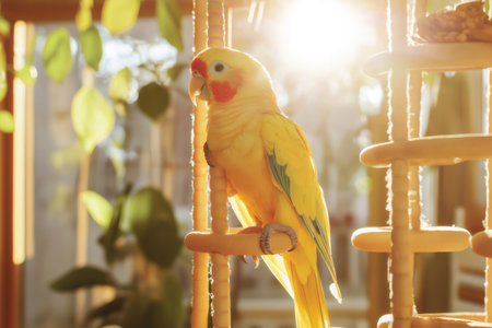 Yellow parrot perched on a wooden structure, enjoying the sunlight filtering through the leavesの素材