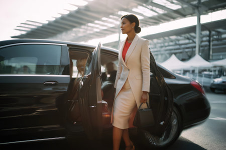 Elegant businesswoman stepping out of a chauffeured limousine near an airport, embodying success and female leadershipの素材