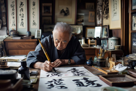 Elderly Japanese man practicing calligraphy, using a brush and ink to create beautiful characters on paper in his traditional studioの素材