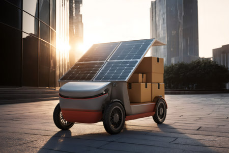 Small self driving electric vehicle carrying cardboard boxes, powered by solar panels on its roof, navigating a city street during sunsetの素材