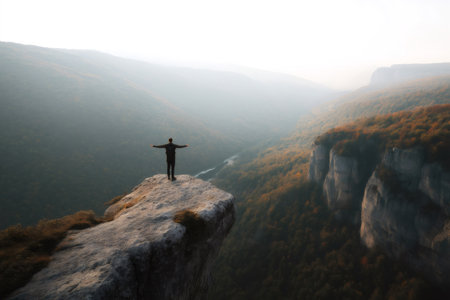 Traveler standing with open arms on a cliff overlooking a canyon with autumn trees and a river during a misty sunsetの素材