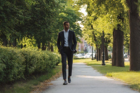 Young CEO enjoying a peaceful stroll in a green urban park, promoting work life balance and mental wellbeingの素材