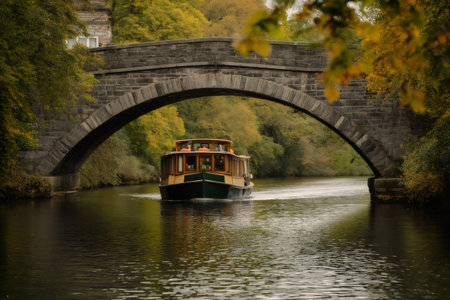 Houseboat navigating on a calm river under an ancient stone bridge surrounded by colorful autumn foliage, providing a scenic view for the tourists on boardの素材