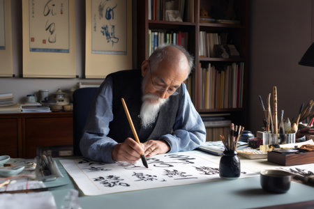 Concentrated senior Asian man practicing calligraphy at his desk, carefully drawing Japanese characters with traditional brush and inkの素材