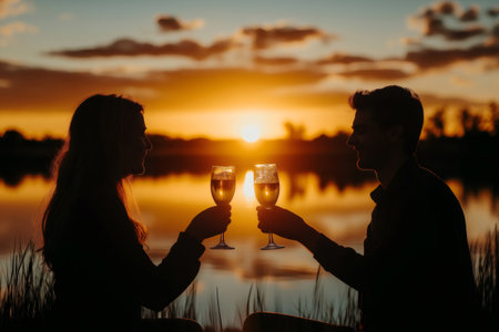 Romantic couple enjoying a quiet toast by the lake at sunset, creating a magical and intimate atmosphereの素材