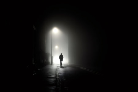 Silhouette of a detective walking down a dark foggy street at night, lit by streetlights, creating a mysterious atmosphereの素材