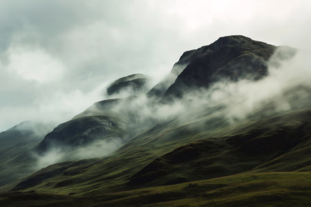 Low clouds enveloping lush green hills and dark mountains create a moody, atmospheric landscape filled with dramatic sceneryの素材