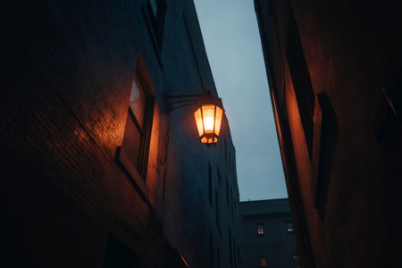 Warm light from streetlamp casting glow on brick walls in narrow alley, creating atmospheric urban nightscapeの素材