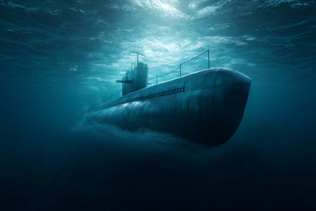 Old submarine surfacing from beneath ocean waves, generating a trail of bubbles and foam as it emerges from the deep, dark blue seaの素材