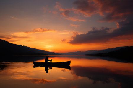 Silhouette of person paddling canoe on calm lake during golden sunset, creating peaceful and scenic viewの素材