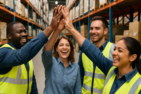 Multi ethnic warehouse workers joining hands together celebrating success, teamwork and cooperation conceptの素材