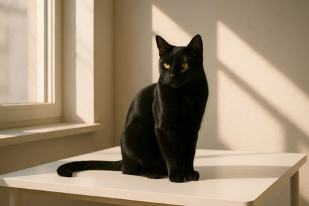 Bombay cat resting comfortably on a white table in a sunlit room, soaking up the warmth and light while enjoying a peaceful momentの素材