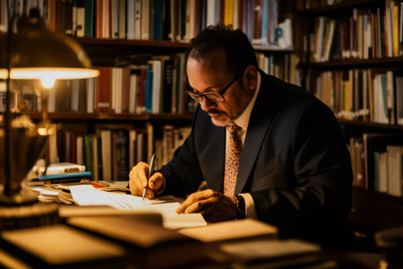 Mature man working on important documents at a desk in a dark library, surrounded by books and focused on writingの素材