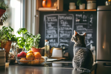 Domestic cat sitting on a kitchen counter near a fruit bowl and plants, looking towards a window with sunlightの素材