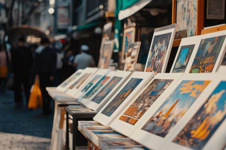 Colorful art prints displayed on grids at a bustling outdoor market attracting customers with their vibrant and unique designsの素材