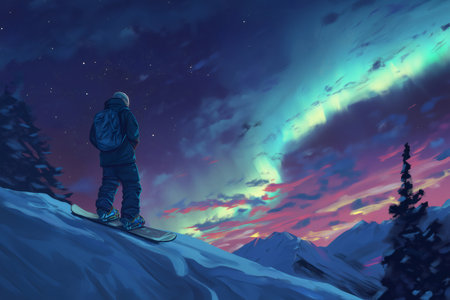 Snowboarder standing on snowy mountain slope, admiring colorful Northern Lights illuminating night sky over winter landscapeの素材