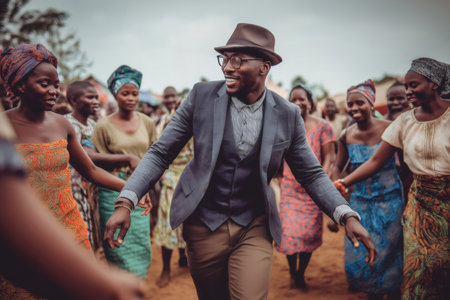 Smiling man wearing a suit and hat enjoys dancing with local women in traditional clothing during a vibrant cultural celebration in an African villageの素材