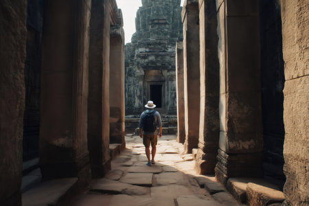 Tourist exploring Angkor Wat temple in Siem Reap, Cambodia, walking between ancient columns, admiring khmer architectureの素材