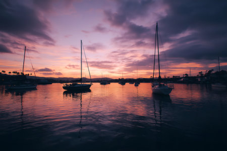 Sailboats gently rocking in a harbor at sunset create a stunning and tranquil scene, with vibrant colors reflecting on the calm waterの素材