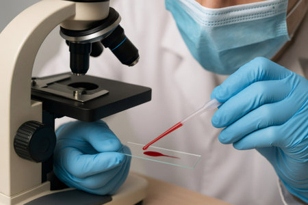 Close up of gloved hands preparing a blood smear for examination under a microscope, highlighting laboratory proceduresの素材