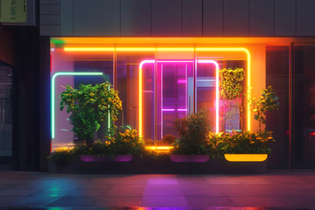 Colorful neon lights frame a modern urban storefront featuring bold art deco elements and lush green plants in the night settingの素材