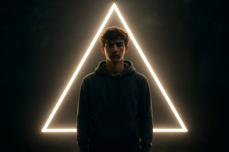 Studio portrait of a young man with a glowing triangle behind him, creating a dramatic and mysterious atmosphereの素材