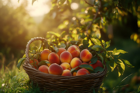 Wicker basket filled with freshly harvested peaches and leaves resting in orchard with warm golden sunlight filtering throughの素材