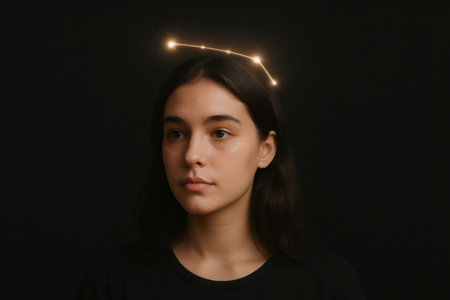 Studio portrait of a young woman with the Aries zodiac sign constellation glowing above her head, symbolizing astrology, destiny, and personalityの素材