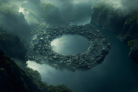 Ring city built on a crater lake surrounded by mountains and mist, showing urban development in a unique natural landscapeの素材