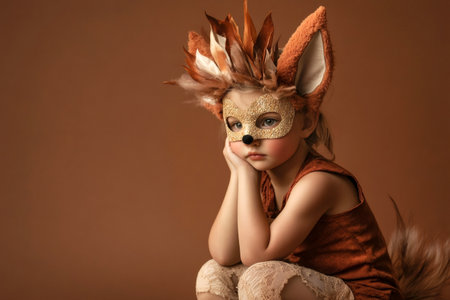 Studio portrait of a thoughtful child wearing an elaborate fox costume and golden mask, resting her chin on her handsの素材