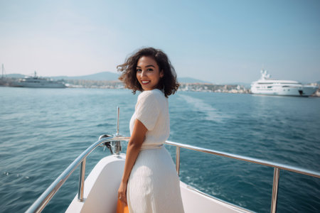 Young woman standing on the deck of a yacht, enjoying the sea breeze and the view of the coastlineの素材