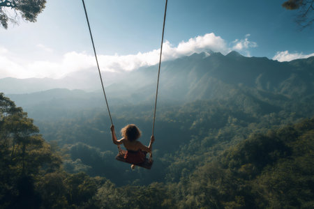 Young woman enjoying a swing over a lush tropical forest with a mountain view in Bali, Indonesiaの素材