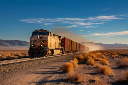 Powerful diesel locomotive pulling a long line of freight cars across the Nevada desert under a beautiful sunset skyの素材