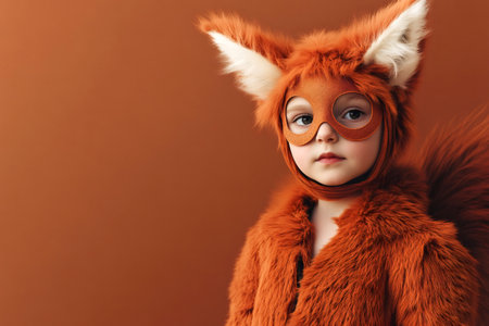 Child wearing a furry orange squirrel costume, complete with mask and tail, posing against a minimalist brown backdropの素材