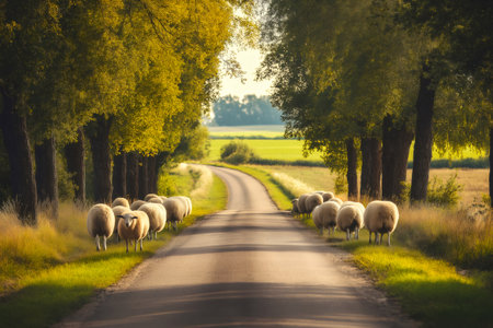 Sheep grazing peacefully along a scenic country road, creating a picturesque rural landscapeの素材