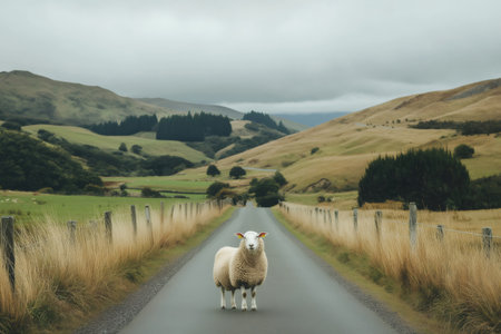 One sheep standing on a scenic rural road in New Zealand, surrounded by green and golden fields and hillsの素材