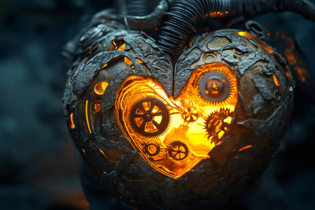 Artificial heart with visible gears powering its bright core, concept of artificial intelligence and advanced robotic surgeryの素材