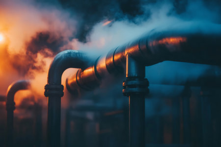 Complex network of industrial pipes releasing steam, creating a dramatic atmosphere in a power plant at nightの素材