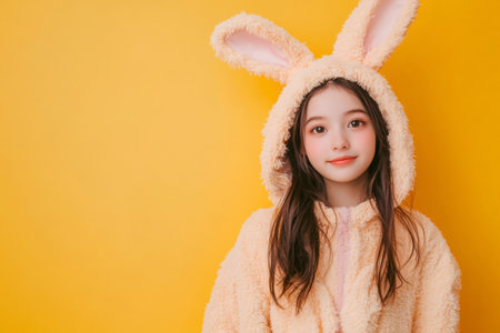 Studio portrait of a cheerful child model wearing a soft bunny , perfect for celebrating Easter or any playful occasionの素材